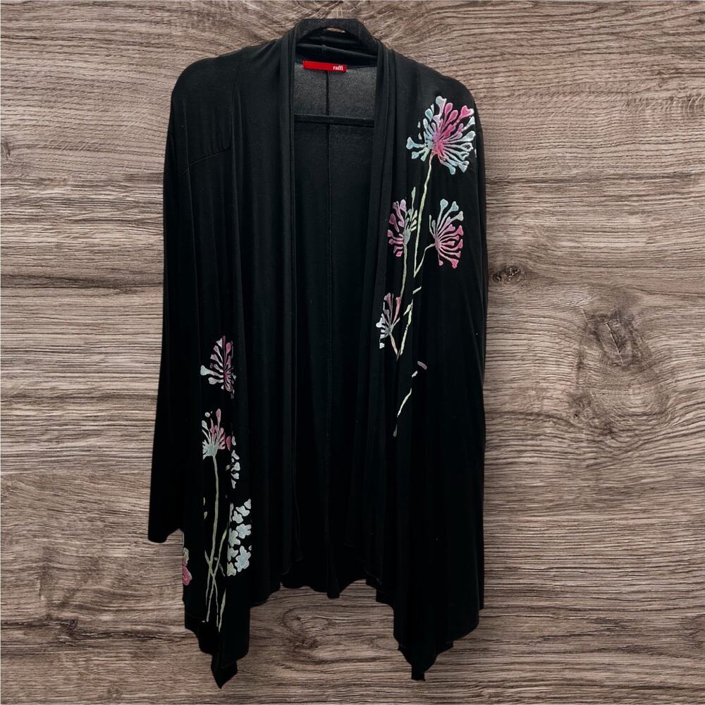 Raffi Women's Black Hand Painted Floral Open Front Cardigan Sweater Size Large